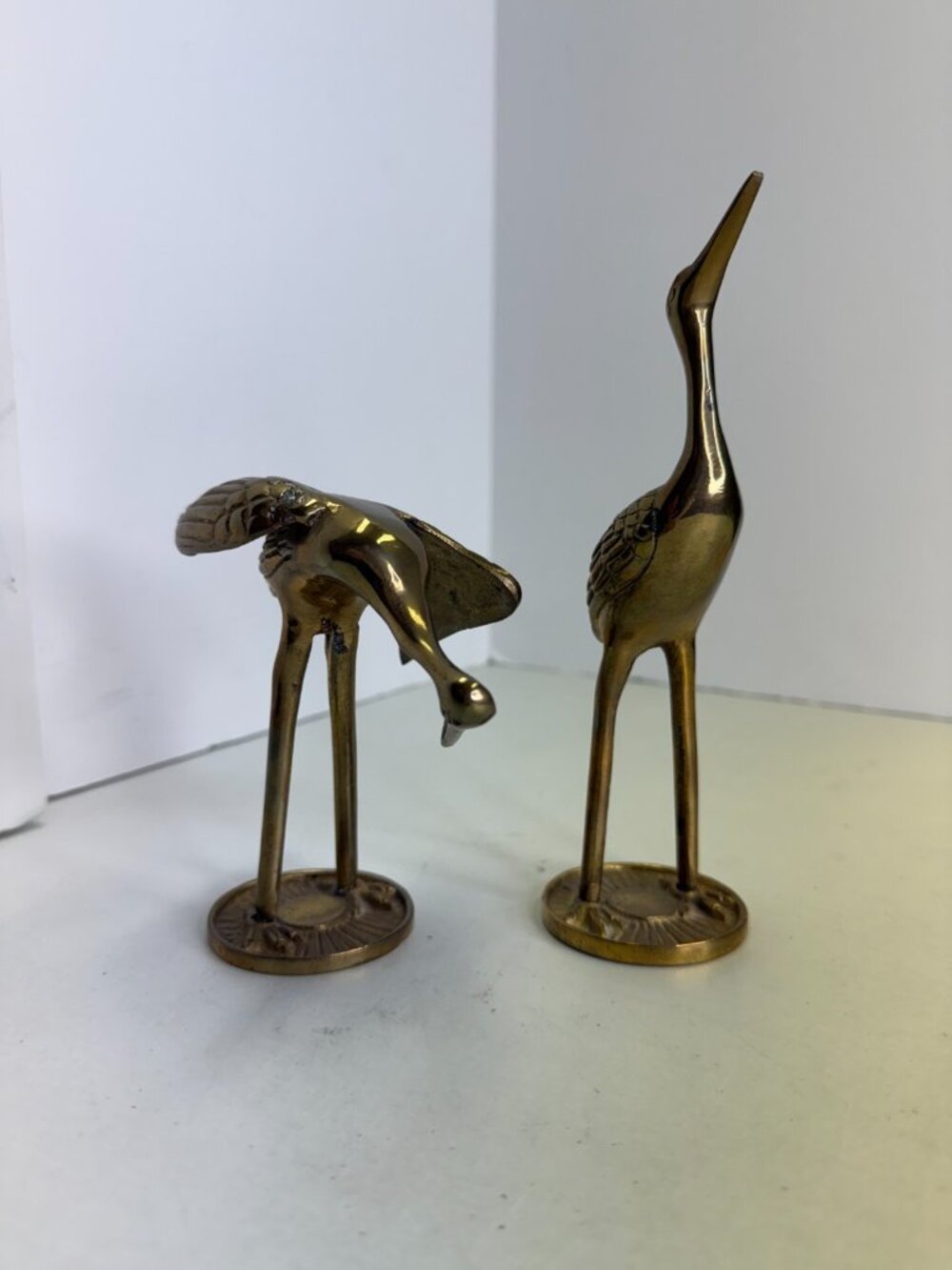 Vintage Brass Bird Pair of 2 Crane Heron Stork Large Figurines 7.5” & 4.5” - Picture 2 of 10